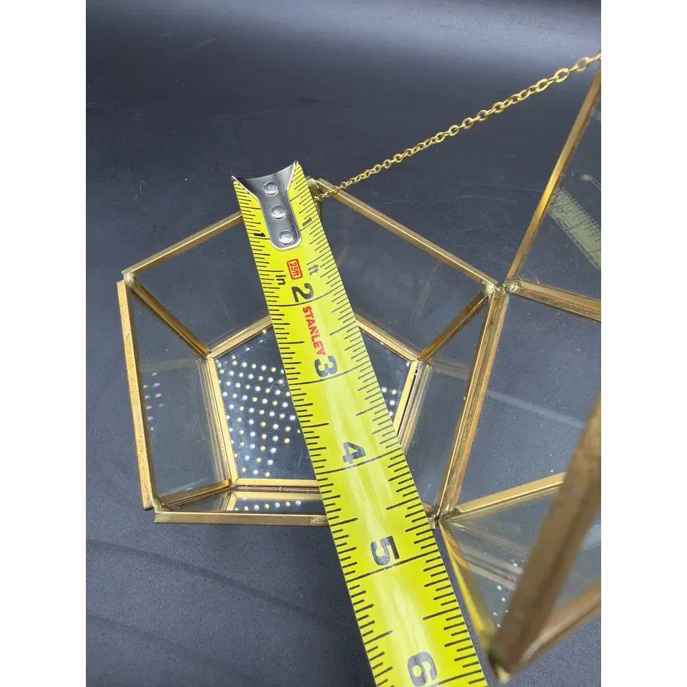 Vintage Brass Glass Pentagon Trinket Box Hinged Jewelry Case Terrarium 6.5